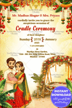 Cradle Ceremony Invitation Card with Floral Swing Cradle Decor, Banana Leaf Toran and Cute Family Illustration Holding Newborn Baby