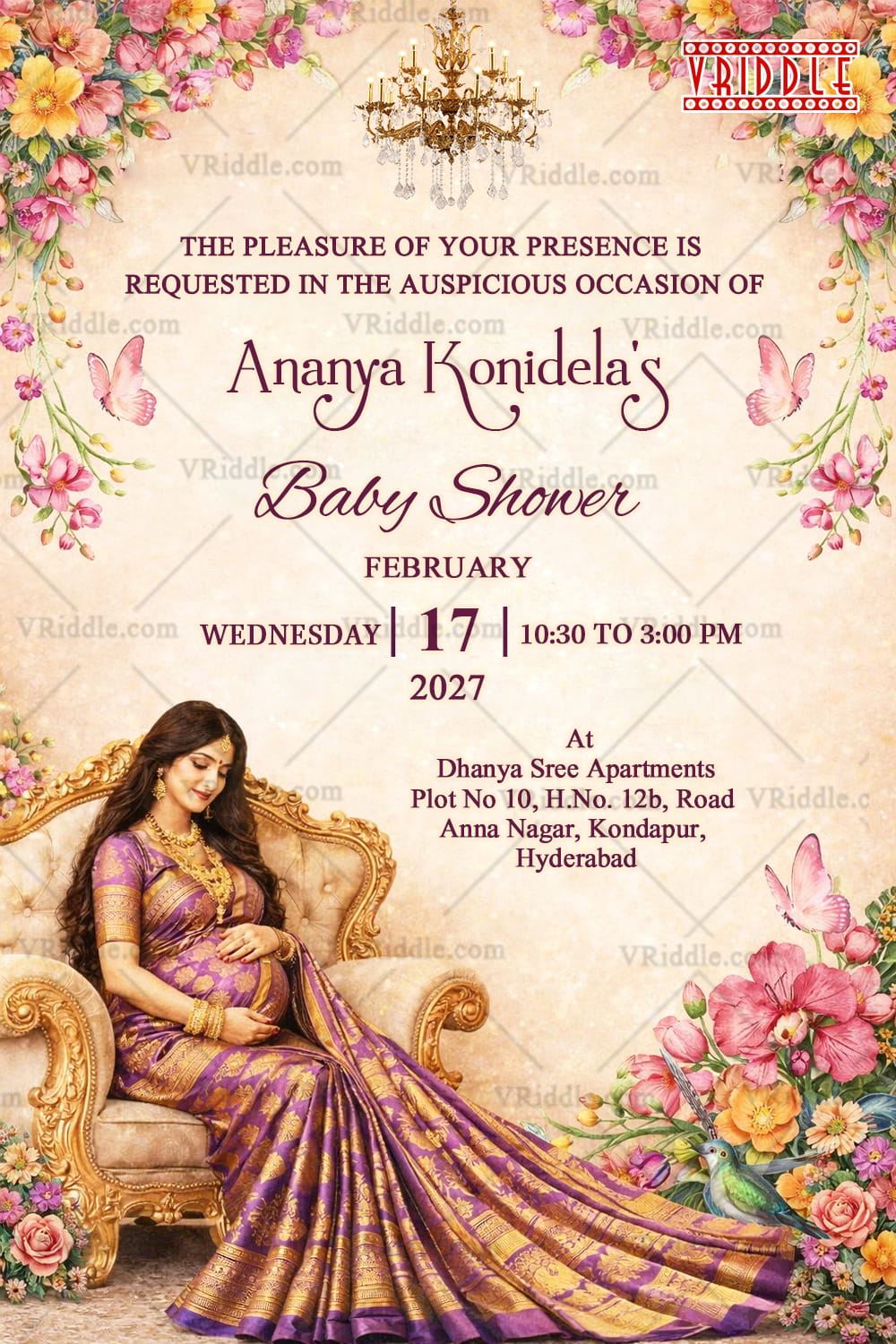Floral Baby Shower Invitation Card with Chandelier Accent, Butterfly Motifs and Royal Mom-to-Be Illustration in Purple Silk Saree