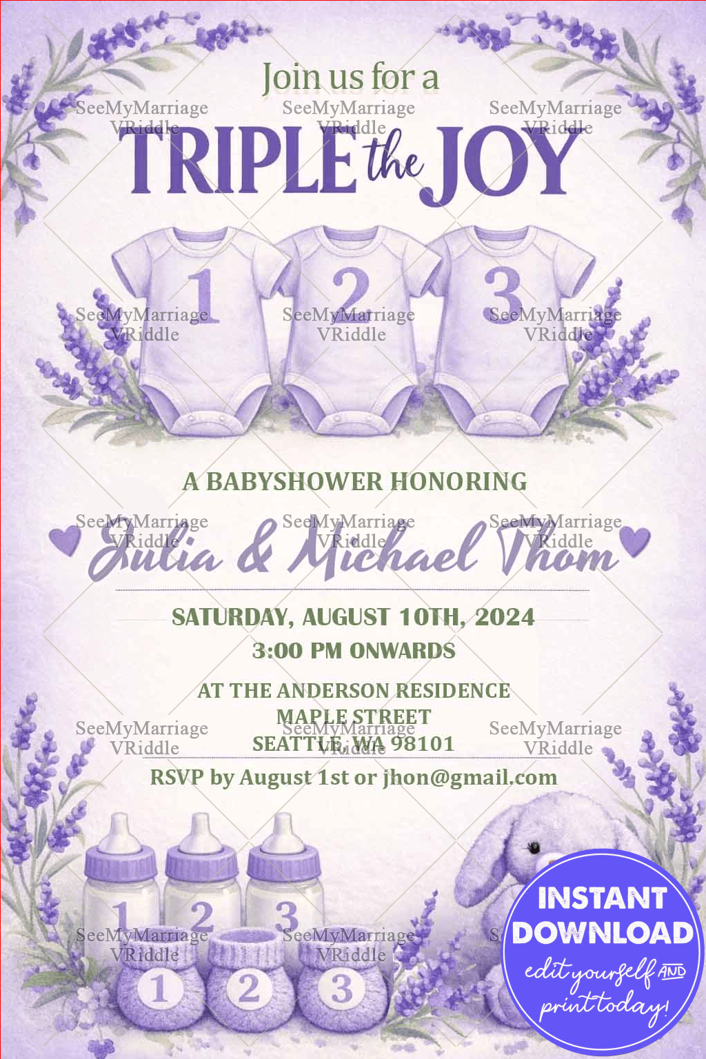 Lavender Triple the Joy Baby Shower Invitation Card with Floral Frame, Baby Bottles and Teddy Theme Design