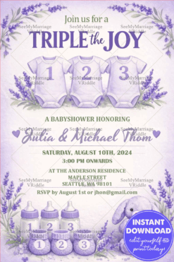 Lavender Triple the Joy Baby Shower Invitation Card with Floral Frame, Baby Bottles and Teddy Theme Design
