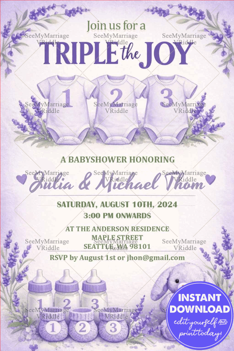 Lavender Triple the Joy Baby Shower Invitation Card with Floral Frame, Baby Bottles and Teddy Theme Design