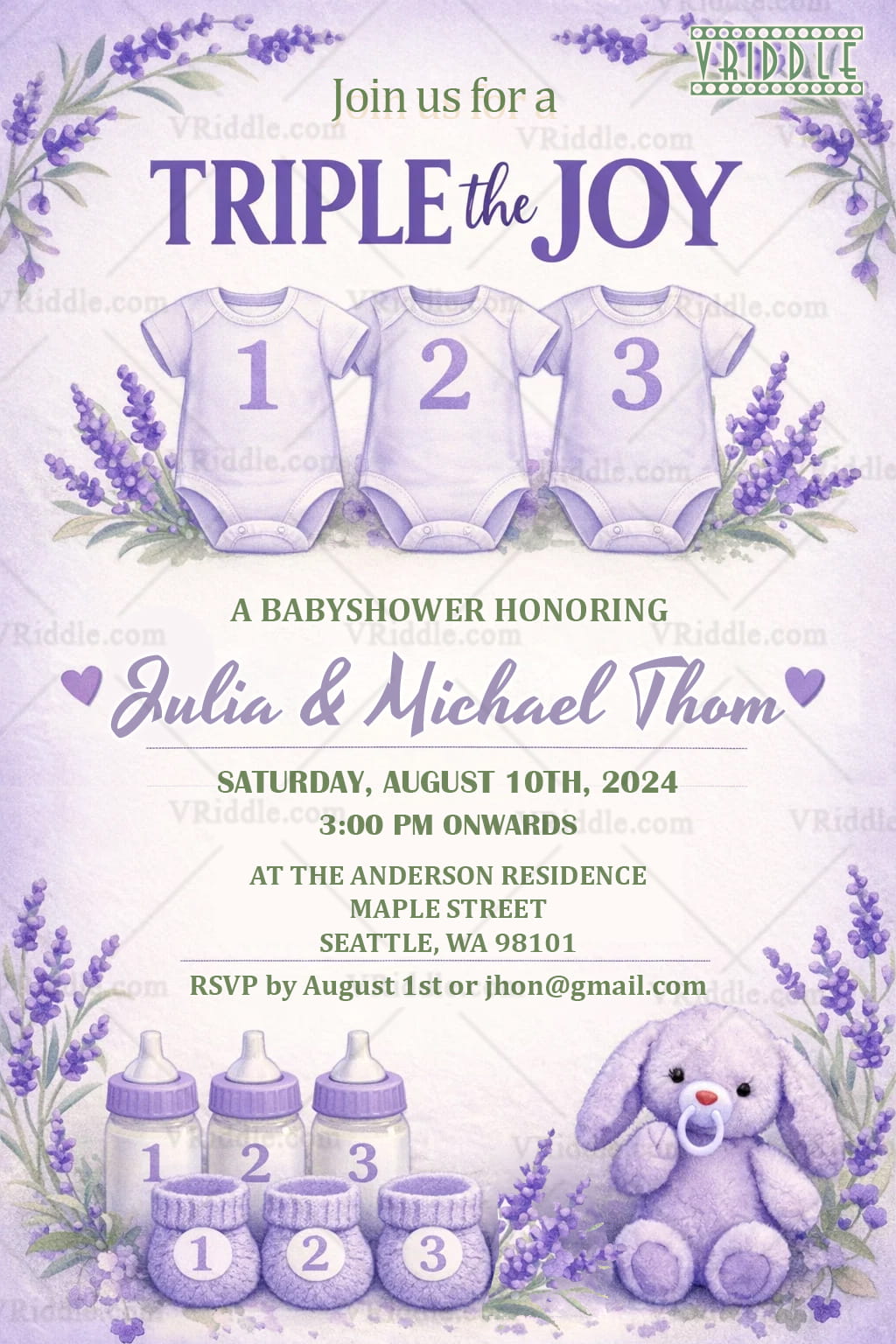 Lavender Triple the Joy Baby Shower Invitation Card with Floral Frame, Baby Bottles and Teddy Theme Design