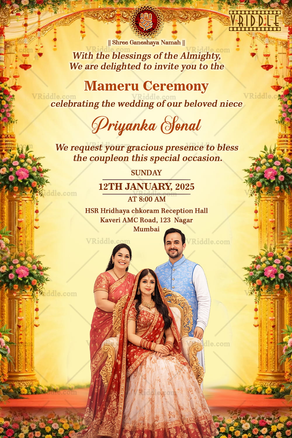 Mameru Ceremony Invitation Card with Peacock Garden Fountain Scene and Ornate Temple Arch Frame, Royal Heritage Border Design