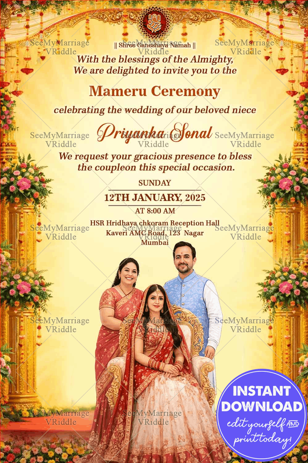 Mameru Ceremony Invitation Card with Peacock Garden Fountain Scene and Ornate Temple Arch Frame, Royal Heritage Border Design