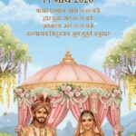 Mangal Parv Bihari Wedding Invitation Video with Floral Mandap, Garden Backdrop and Traditional Bride Groom Illustration