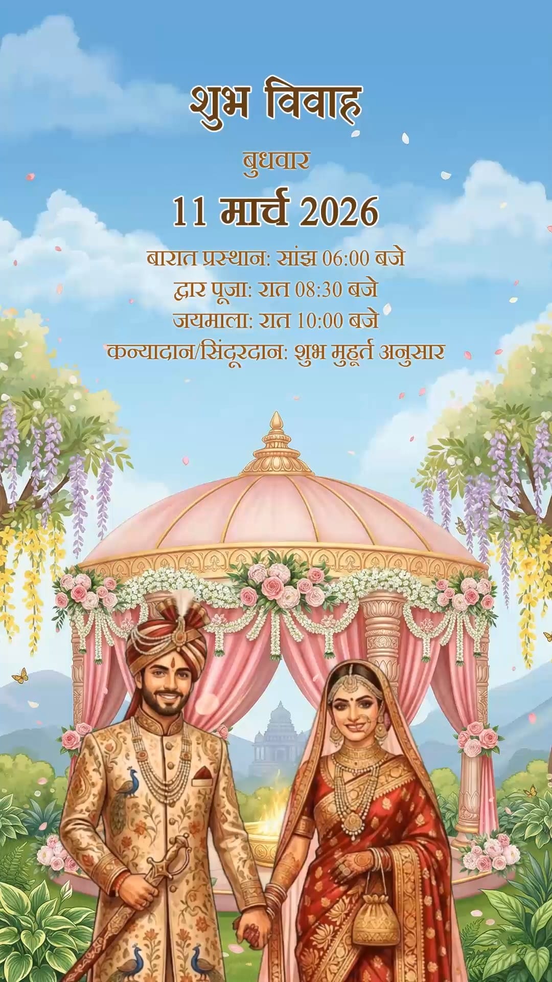 Mangal Parv Bihari Wedding Invitation Video with Floral Mandap, Garden Backdrop and Traditional Bride Groom Illustration