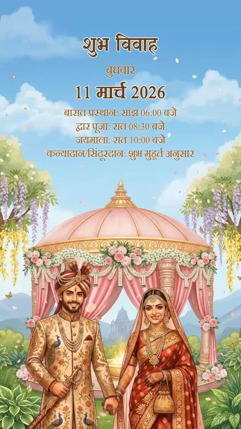 Mangal Parv Bihari Wedding Invitation Video with Floral Mandap, Garden Backdrop and Traditional Bride Groom Illustration