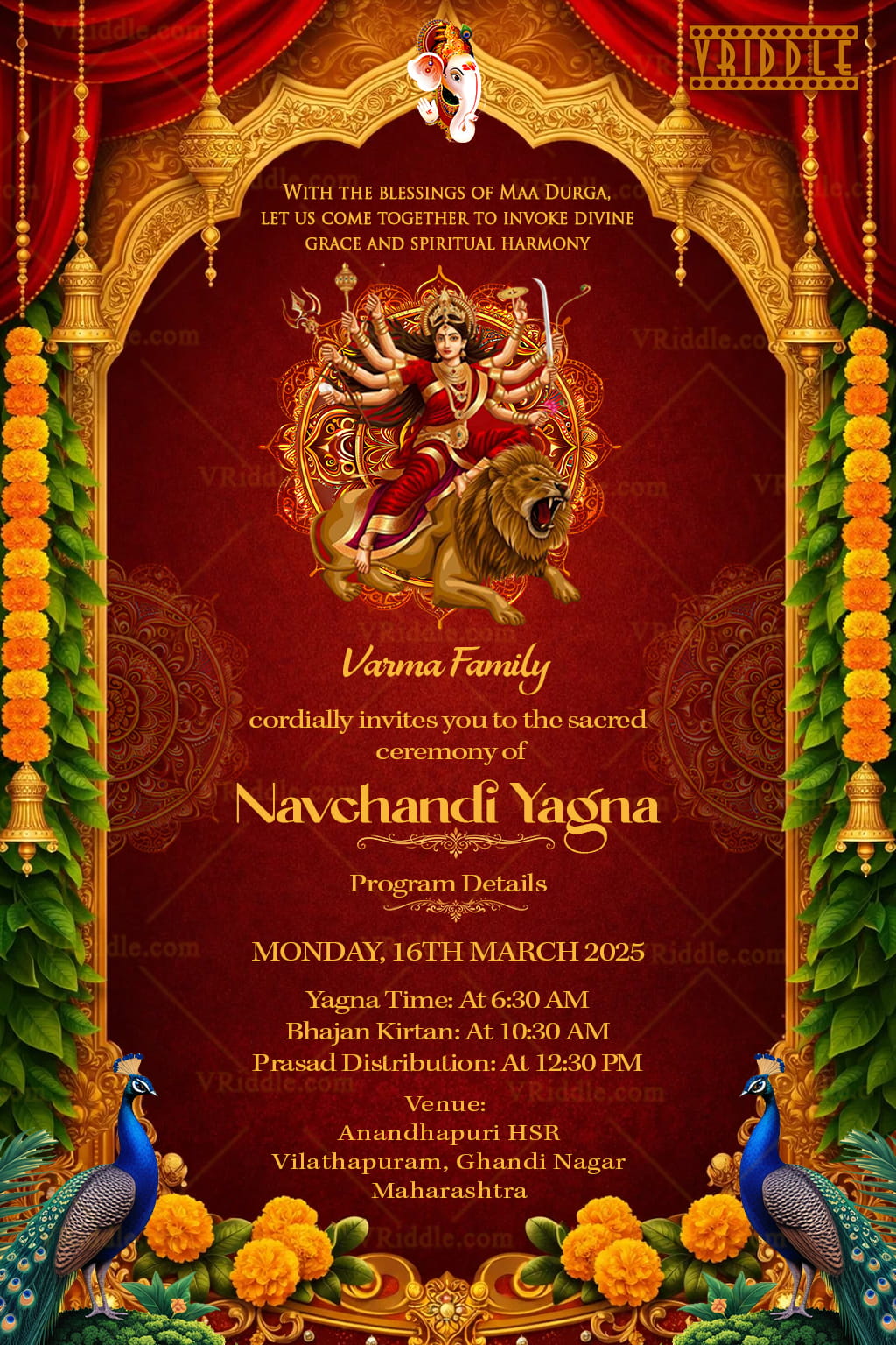 Navchandi Yagna Invitation Card with Goddess Durga on Lion, Golden Temple Arch, Marigold Garlands and Peacock Decorations