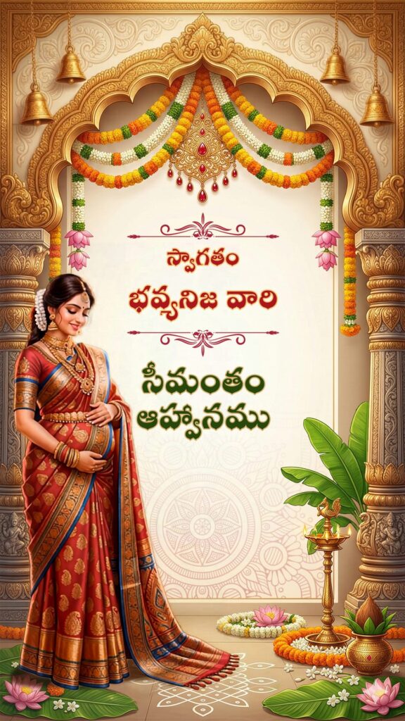 Pregnant Woman Telugu Seemantham Invitation Video with Temple Inspired Border, Lotus Motifs and Motherhood Illustration
