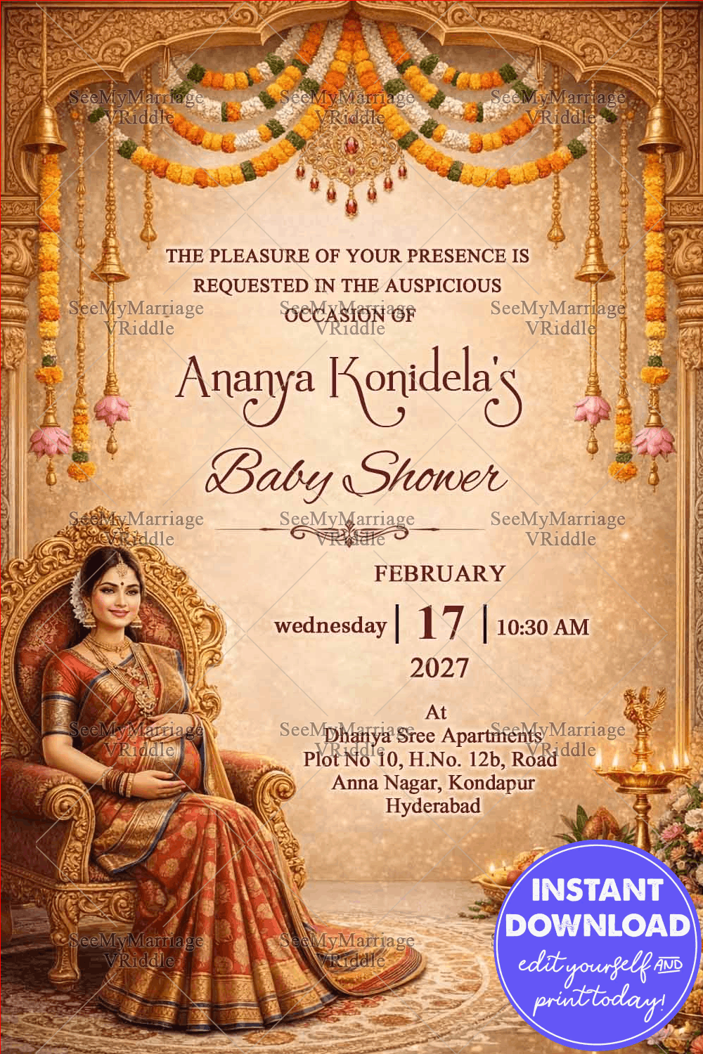 Royal Baby Shower Invitation Card with Temple Arch Frame, Marigold Garlands, Hanging Brass Lamps and Elegant Mom-to-Be Illustration