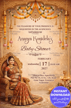 Royal Baby Shower Invitation Card with Temple Arch Frame, Marigold Garlands, Hanging Brass Lamps and Elegant Mom-to-Be Illustration