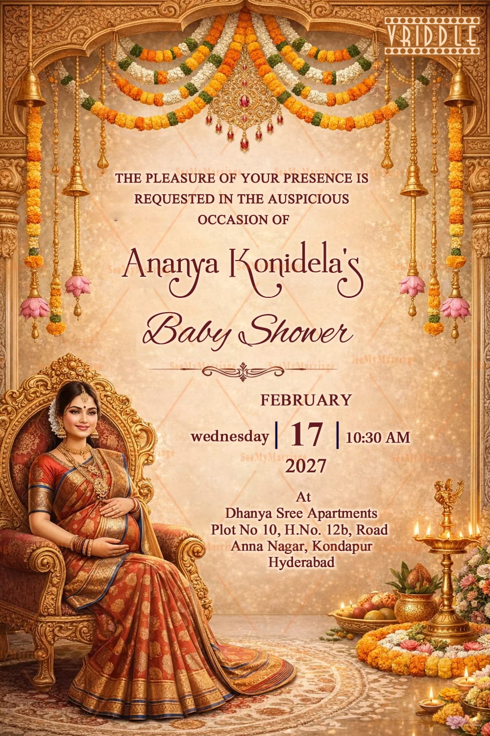 Royal Baby Shower Invitation Card with Temple Arch Frame, Marigold Garlands, Hanging Brass Lamps and Elegant Mom-to-Be Illustration