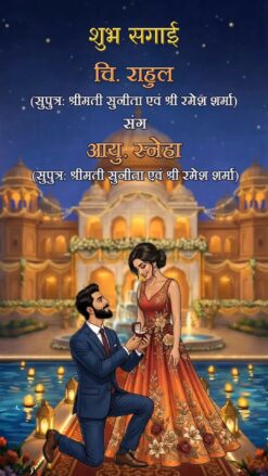 Shubh Sagai Invitation Video with Romantic Proposal Couple Illustration and Floating Lantern Water Scene