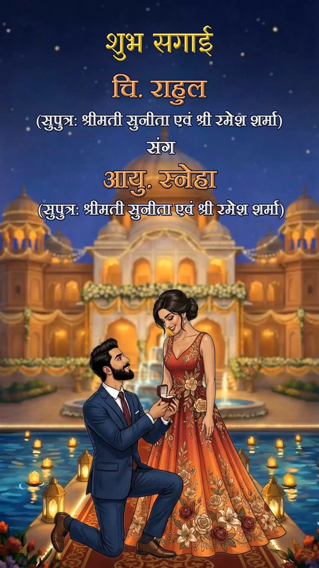 Shubh Sagai Invitation Video with Romantic Proposal Couple Illustration and Floating Lantern Water Scene