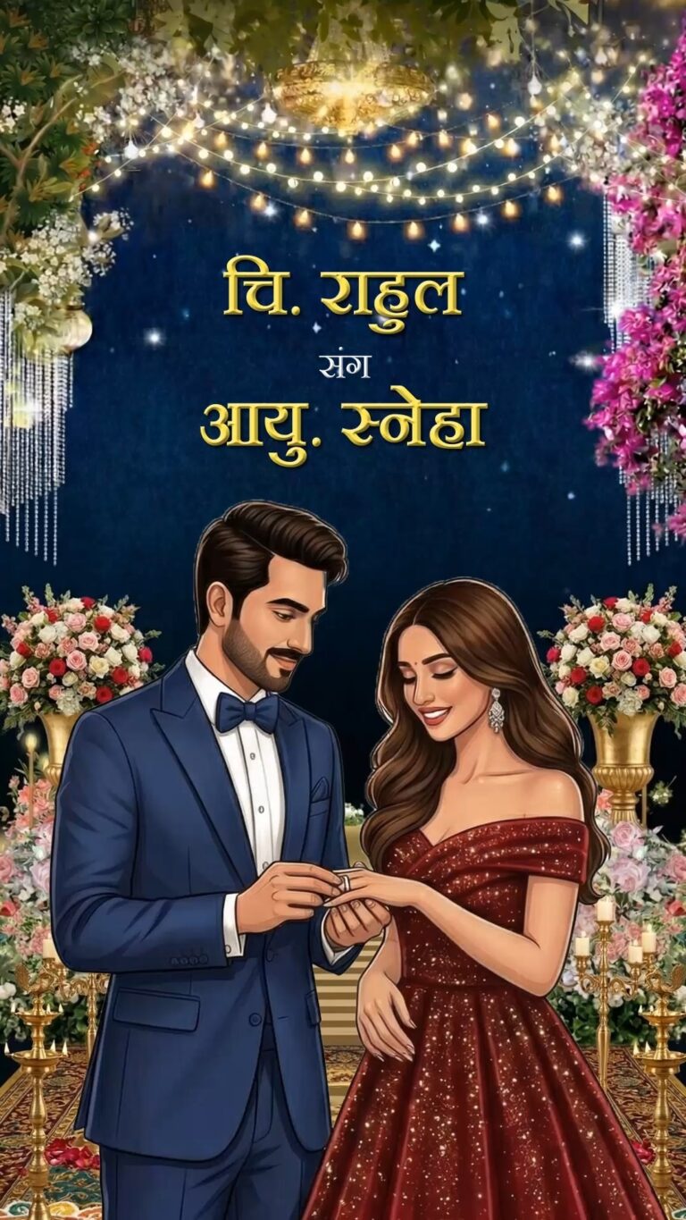 Stepping Into Forever Hindi Engagement Invitation Video with Couple Ring Exchange Illustration and Romantic Wedding Decor Theme