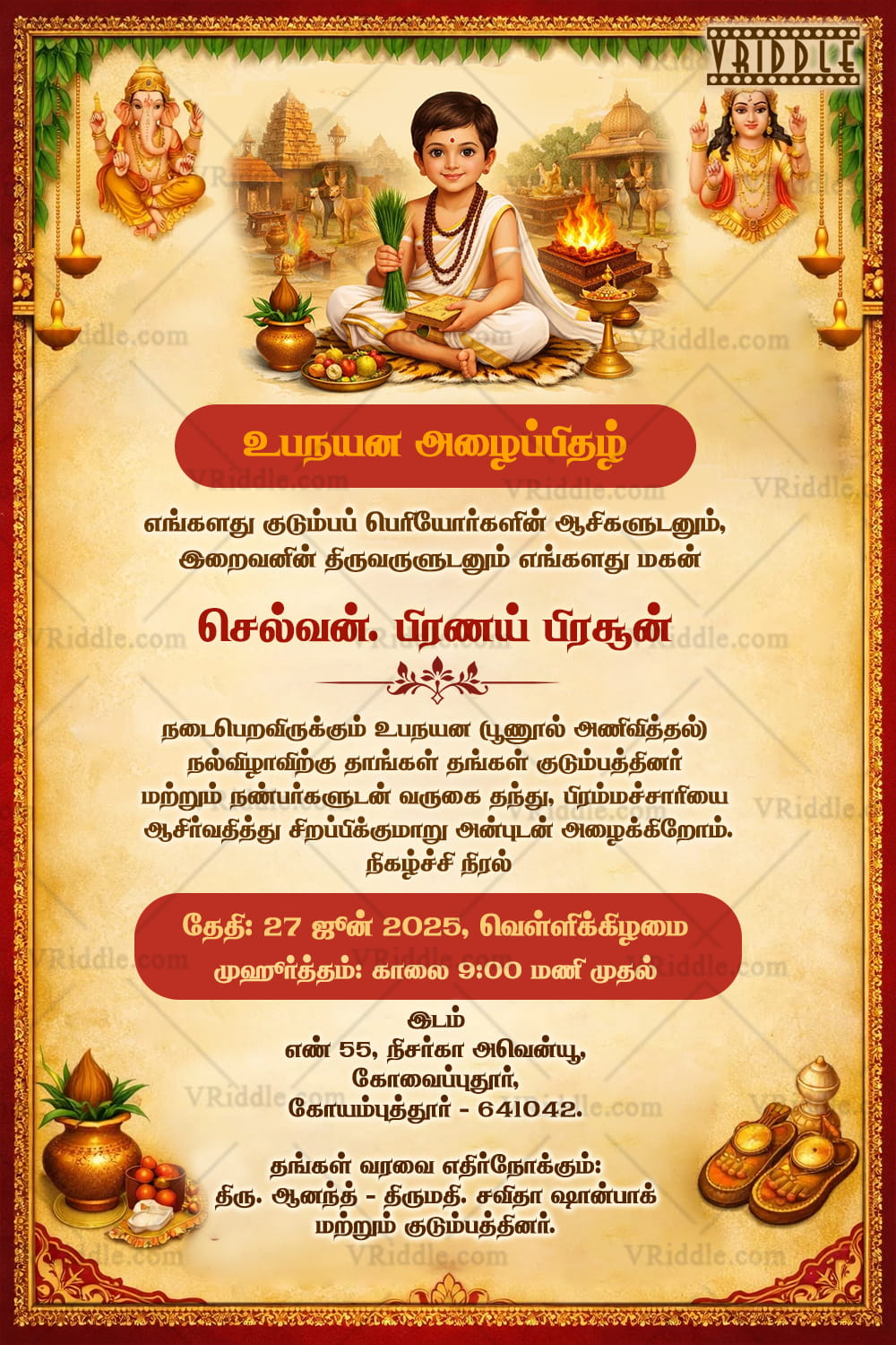 Tamil Upnayan Sanskar Invitation Card with Sacred Fire Ritual, Lord Ganesha Blessing and Temple-Themed Artwork