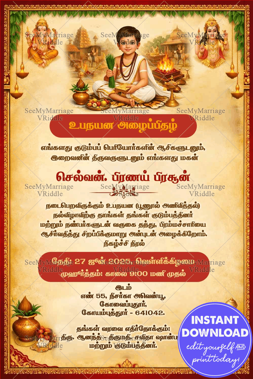 Tamil Upnayan Sanskar Invitation Card with Sacred Fire Ritual, Lord Ganesha Blessing and Temple-Themed Artwork