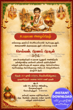 Tamil Upnayan Sanskar Invitation Card with Sacred Fire Ritual, Lord Ganesha Blessing and Temple-Themed Artwork