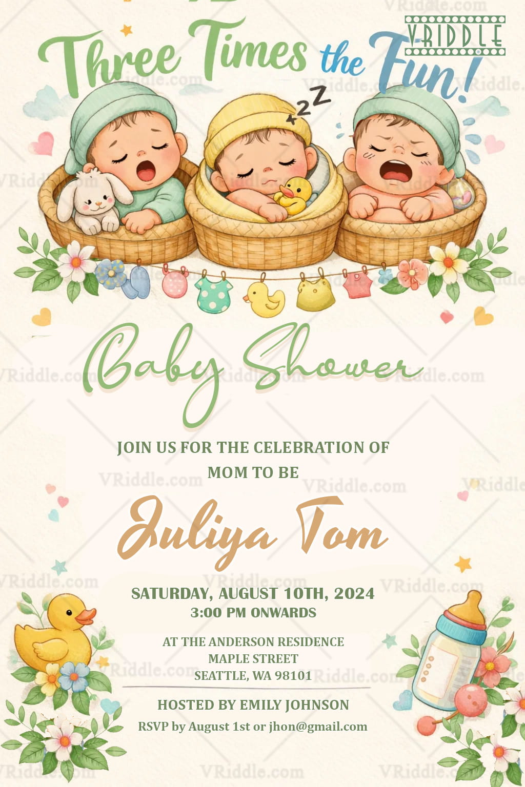 Triple the Joy Baby Shower Invitation Card with Sleeping Triplet Babies Basket Illustration, Pastel Floral Elements and Baby Toy Theme Decor