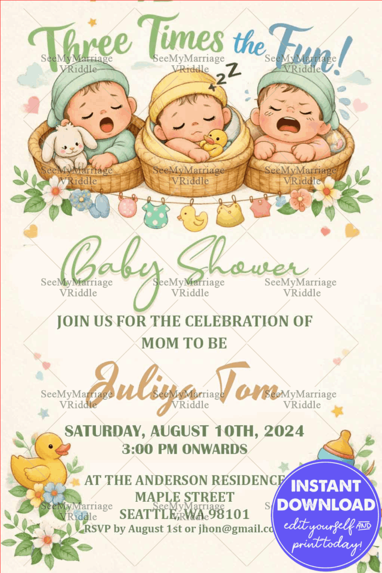 Triple the Joy Baby Shower Invitation Card with Sleeping Triplet Babies Basket Illustration, Pastel Floral Elements and Baby Toy Theme Decor