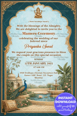 Vintage Style Mameru Invitation Card with Ornate  Arch Frame, Peacock Garden Fountain and Royal Heritage Border Design
