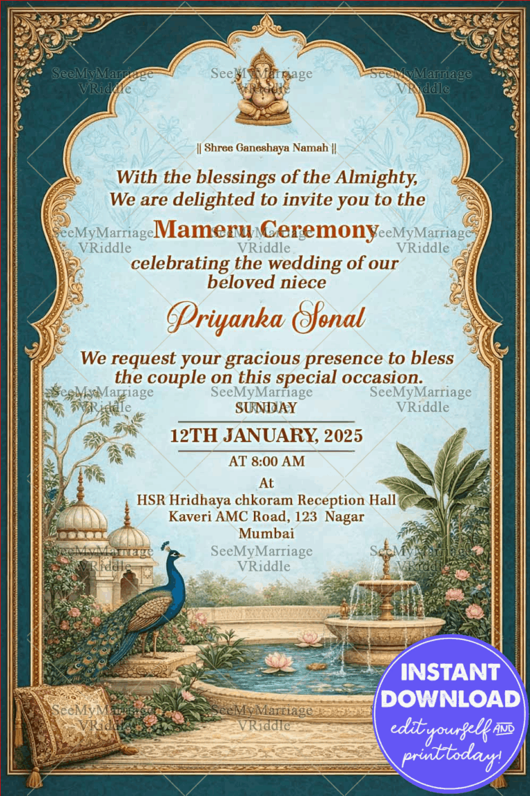 Vintage Style Mameru Invitation Card with Ornate  Arch Frame, Peacock Garden Fountain and Royal Heritage Border Design
