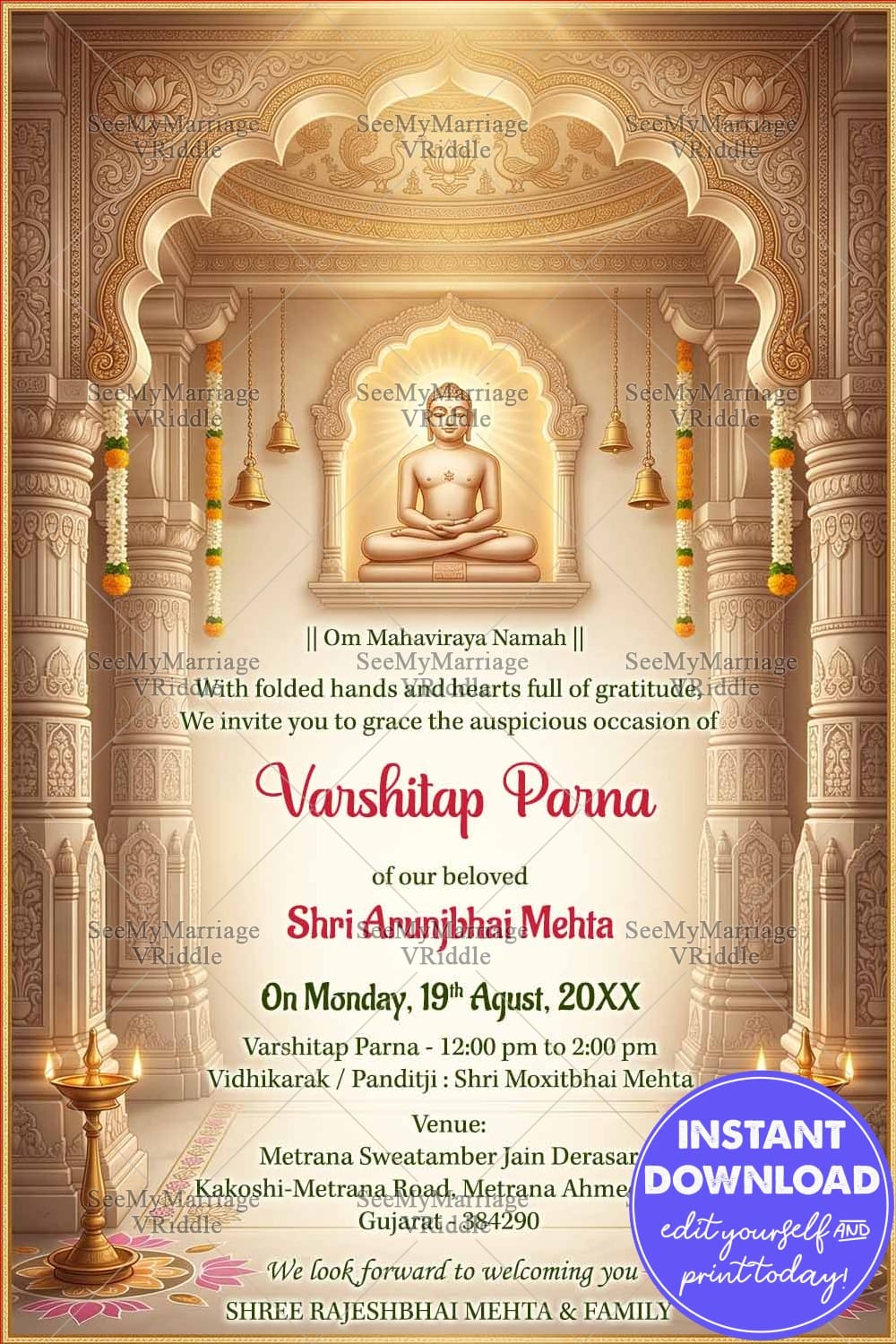 Golden Jain Temple Serenity Varshitap Parna Invitation Card with Lord Mahavir Divine Aura, Ornate Carved Pillars, Traditional Bells & Sacred Minimal Elegance Theme