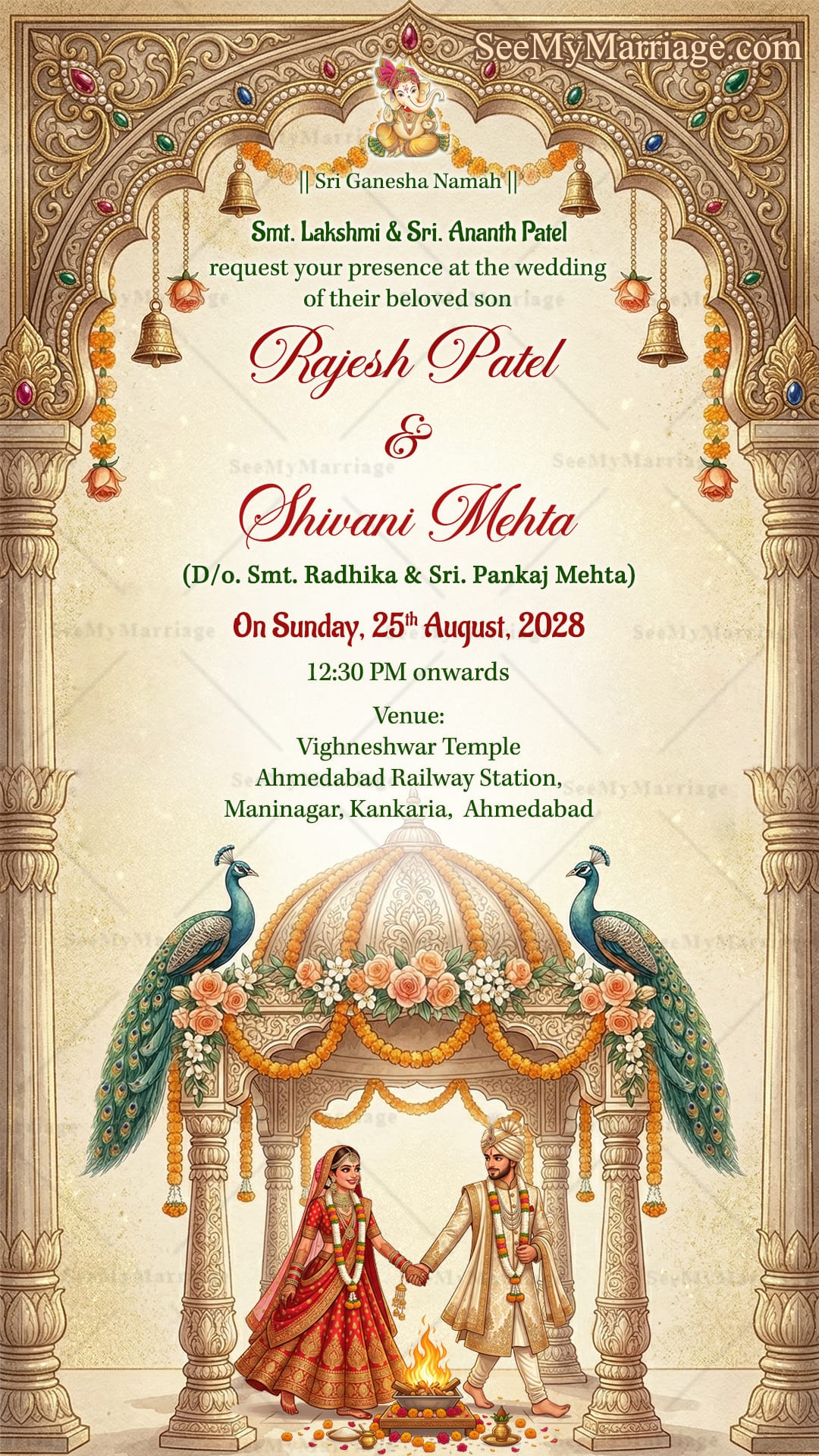 Classic Indian Hindu Wedding Invitation Card with Ornate Temple Mandap Arch, Peacock Floral and Bride Groom Pheras Sacred Fire Illustration