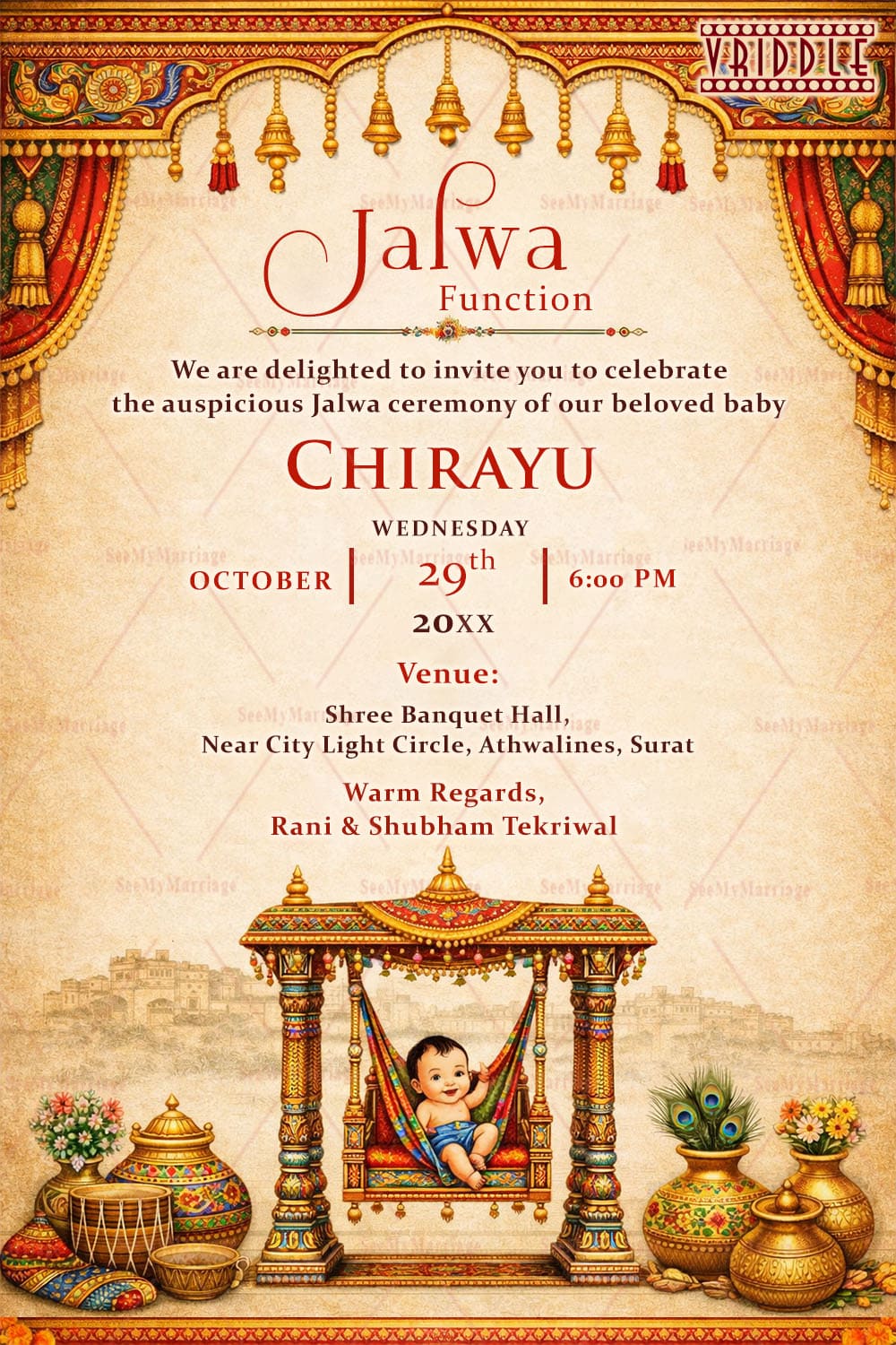 Baby on cradle Rajasthani Jalwa Ceremony Invitation with Traditional Motifs & Golden Pots and Traditional Decoration