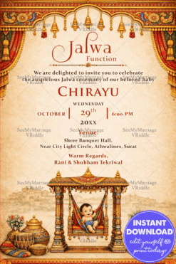 Baby on cradle Rajasthani Jalwa Ceremony Invitation with Traditional Motifs & Golden Pots and Traditional Decoration