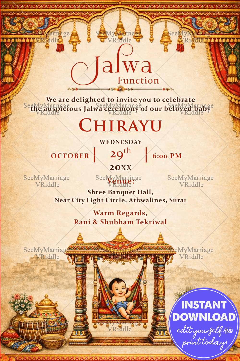Baby on cradle Rajasthani Jalwa Ceremony Invitation with Traditional Motifs & Golden Pots and Traditional Decoration