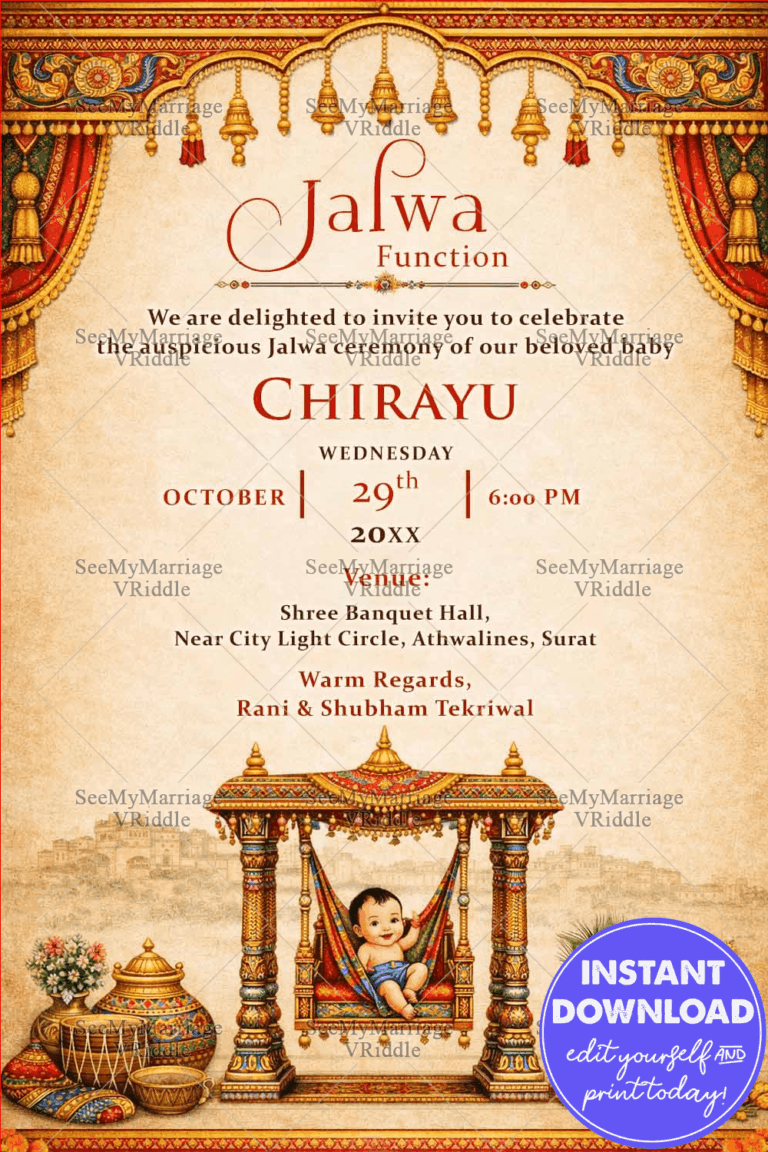 Baby on cradle Rajasthani Jalwa Ceremony Invitation with Traditional Motifs & Golden Pots and Traditional Decoration