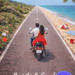 Beachside Save the Date Invitation with Endless Road Journey & Couple Illustration