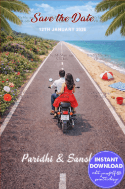 Beachside Save the Date Invitation with Endless Road Journey & Couple Illustration