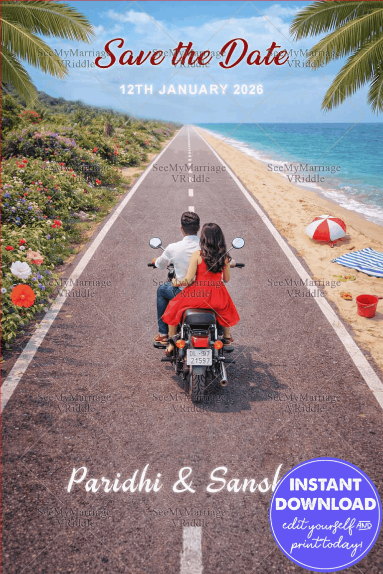 Beachside Save the Date Invitation with Endless Road Journey & Couple Illustration