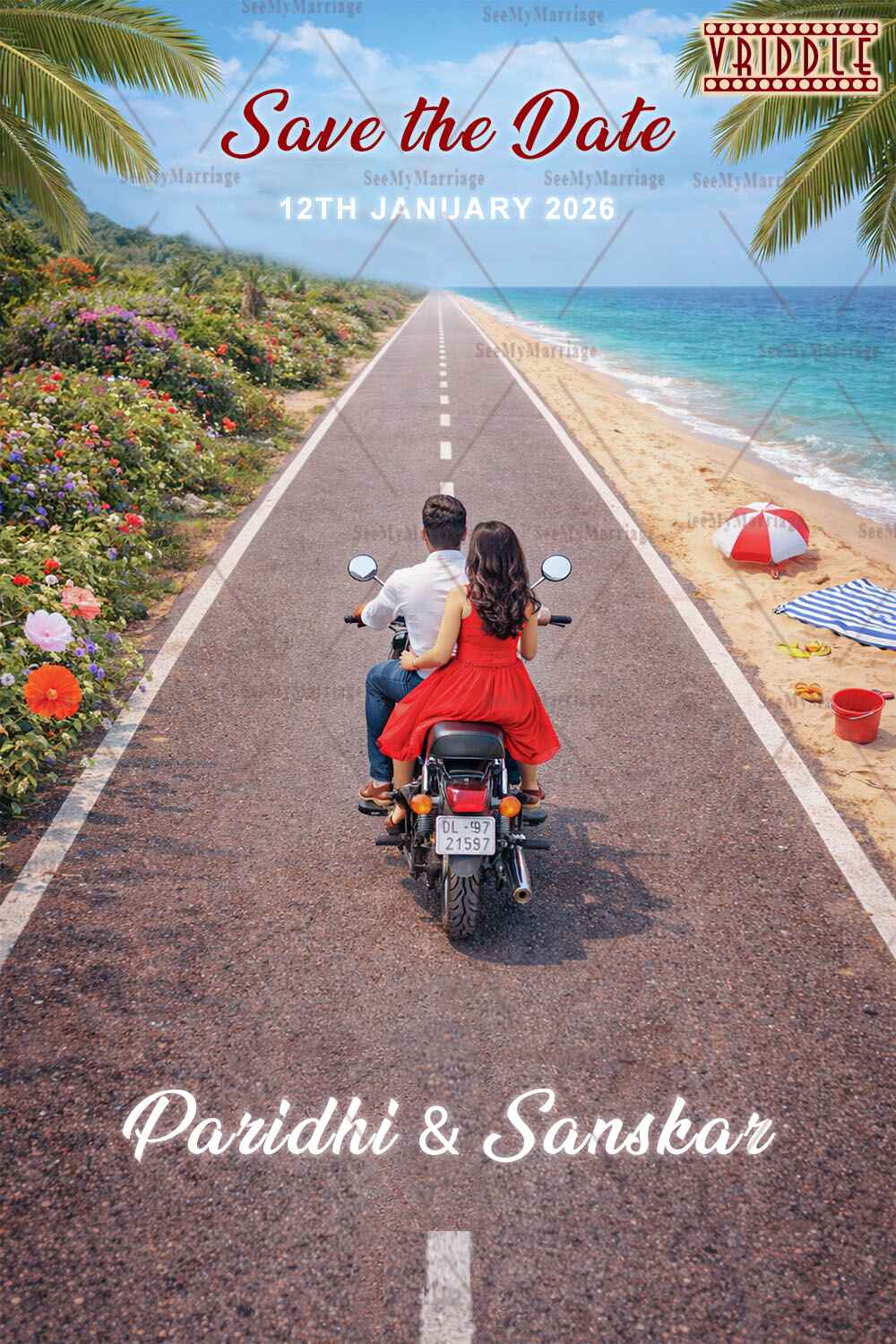 Beachside Save the Date Invitation with Endless Road Journey & Couple Illustration
