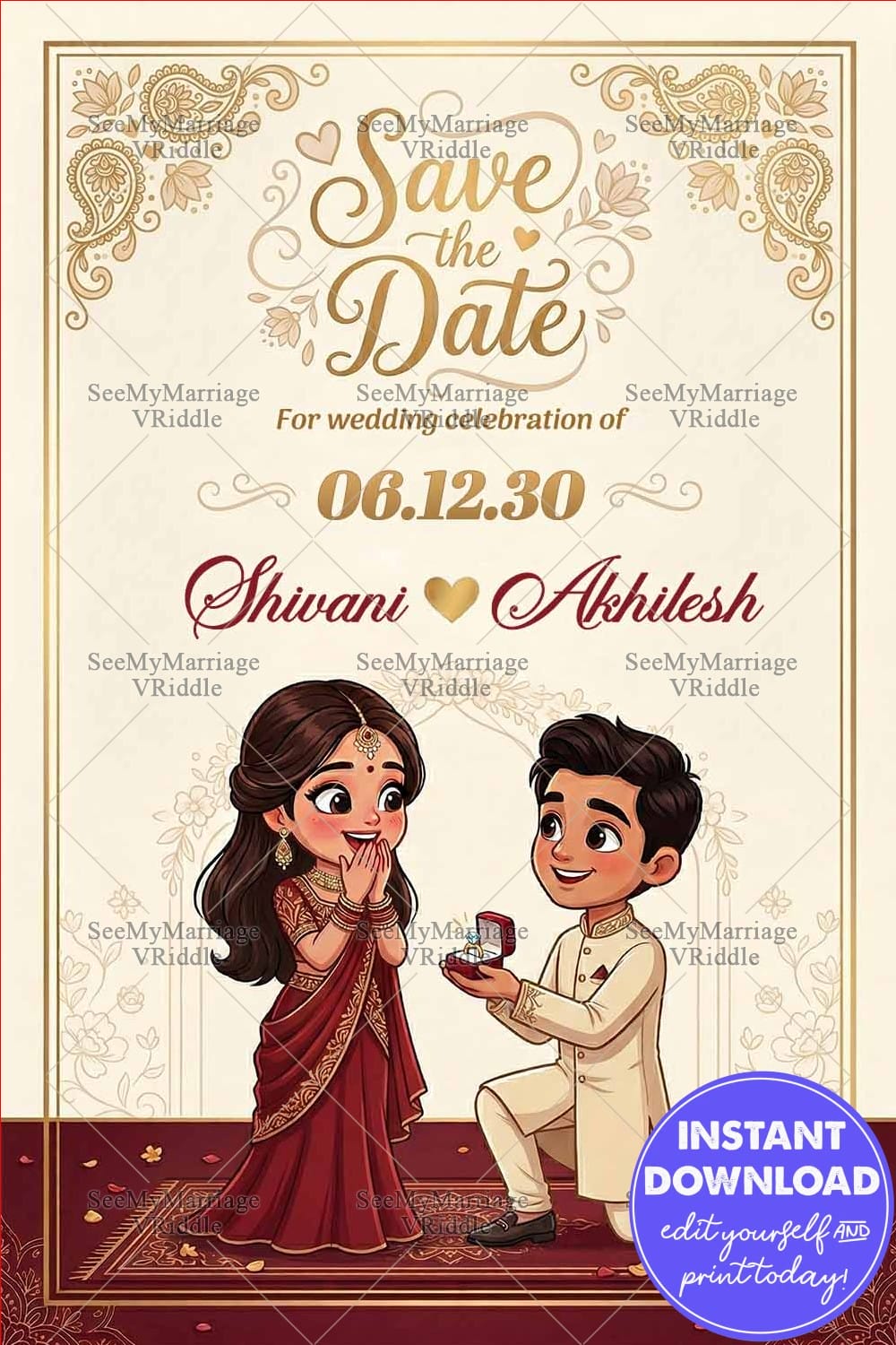 Cartoon Save the Date Celebration Invitation Card with Romantic Proposal Scene Illustration, Groom Kneeling with Ring Box, Bride in Elegant Red Saree