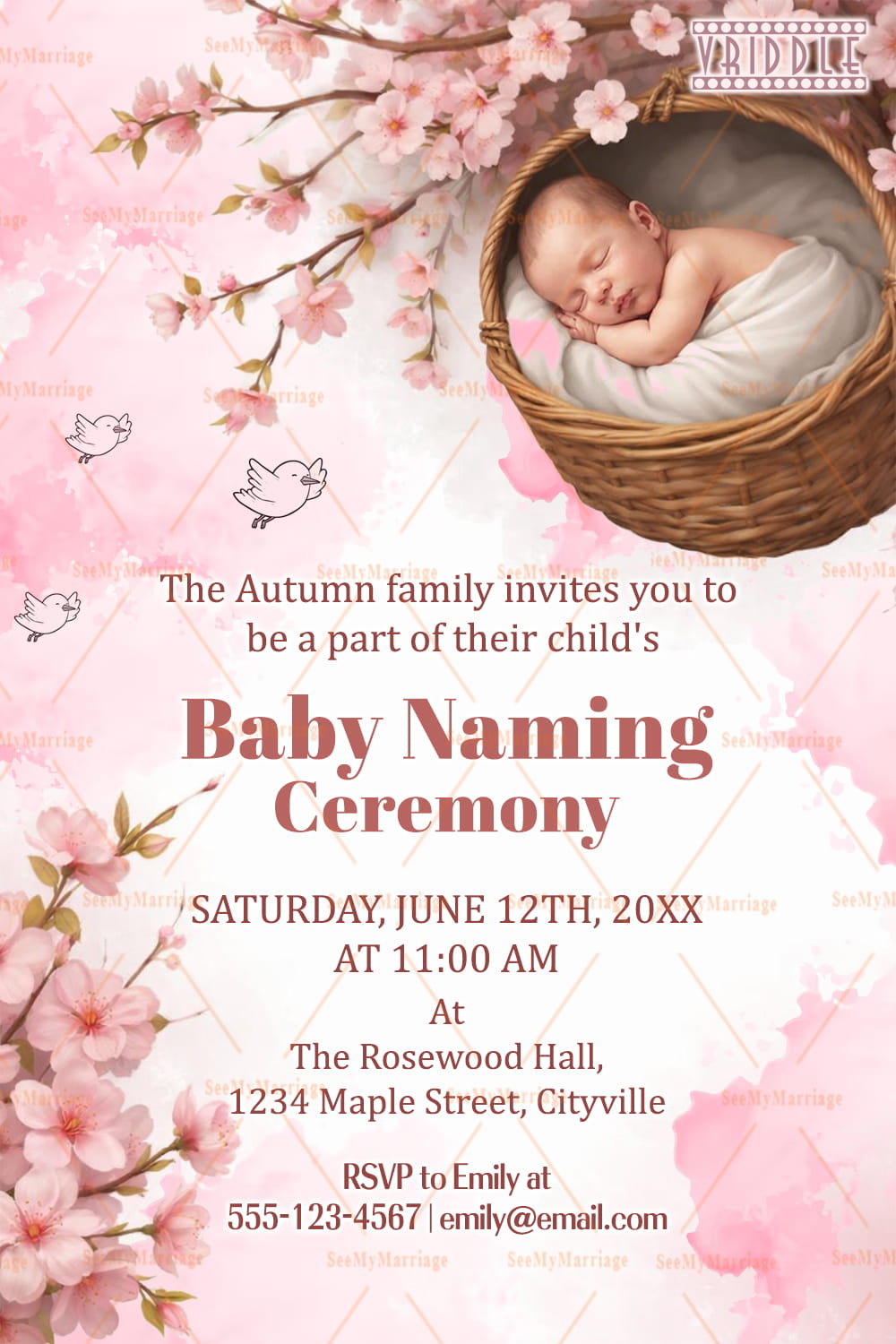 Cherry Blossom Baby Naming Invitation Card with Sleeping Baby Basket, Soft Pastel Layout