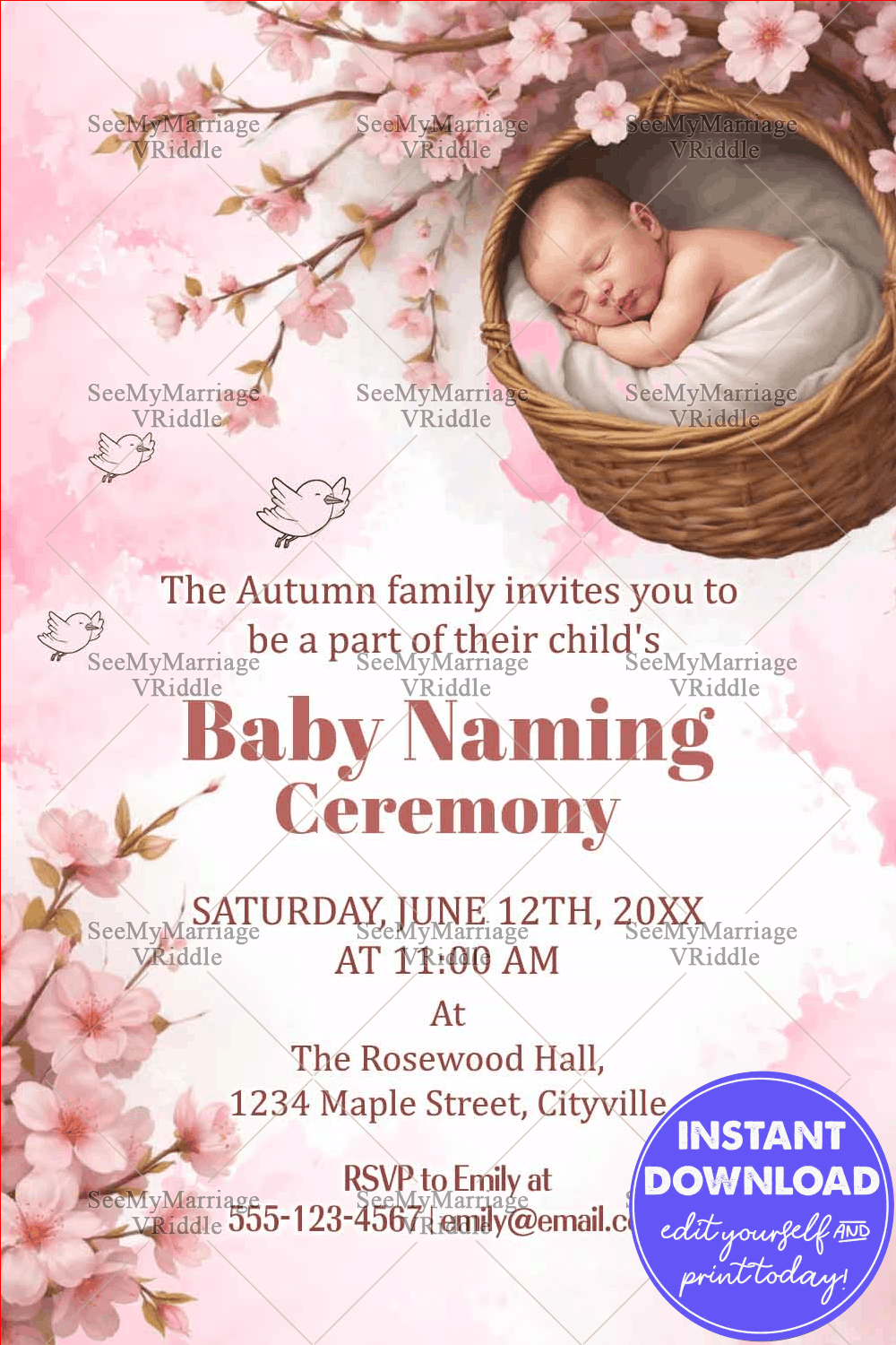 Cherry Blossom Baby Naming Invitation Card with Sleeping Baby Basket, Soft Pastel Layout