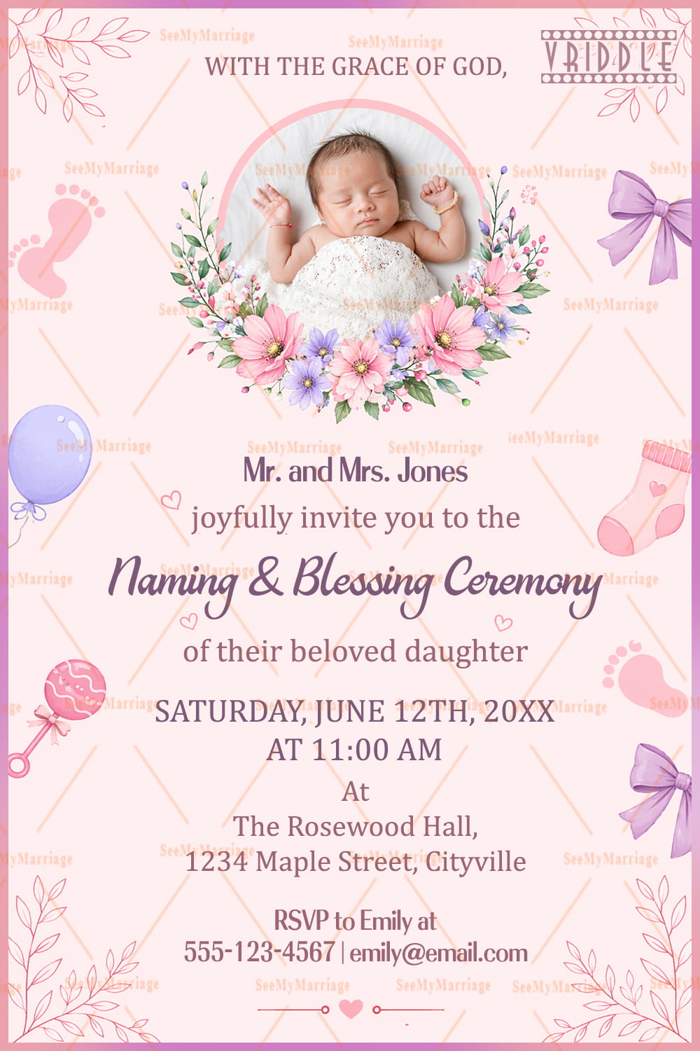 Christian Baby Naming & Blessing Ceremony Invitation Card with Floral Baby Photo Frame, Pastel Pink Theme