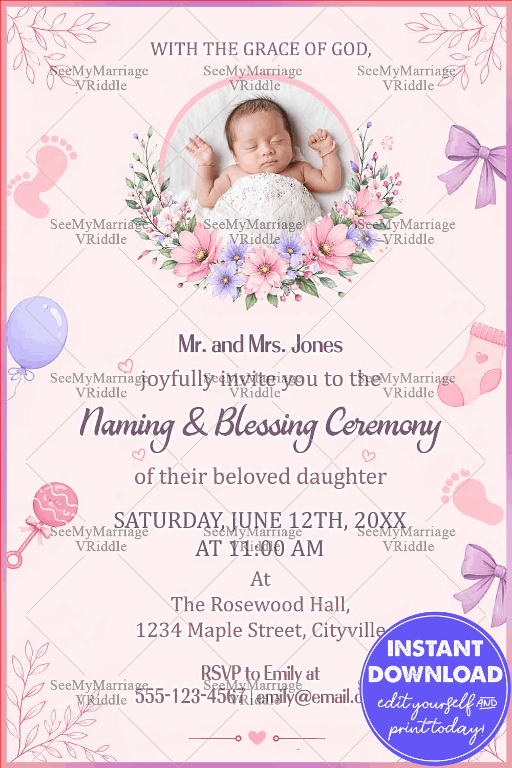 Christian Baby Naming & Blessing Ceremony Invitation Card with Floral Baby Photo Frame, Pastel Pink Theme