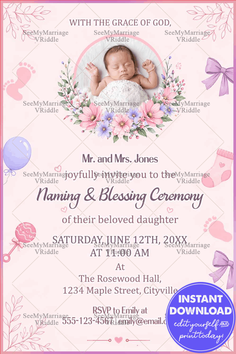 Christian Baby Naming & Blessing Ceremony Invitation Card with Floral Baby Photo Frame, Pastel Pink Theme