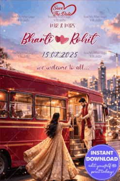 City Lights Save the Date Invitation with Vintage Red Bus, Golden Glow & Couple Illustration