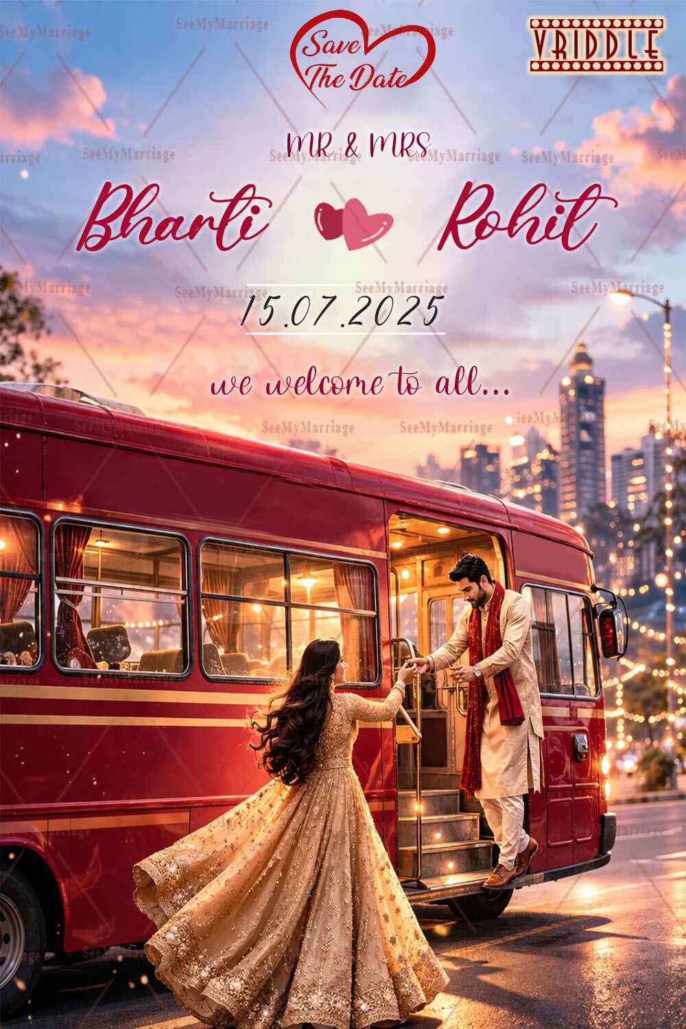 City Lights Save the Date Invitation with Vintage Red Bus, Golden Glow & Couple Illustration