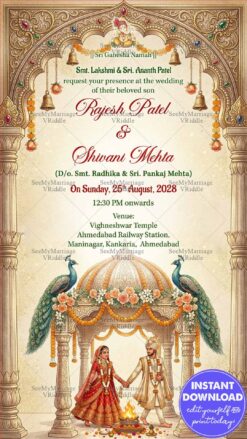 Classic Indian Hindu Wedding Invitation Card with Ornate Temple Mandap Arch, Peacock Floral and Bride Groom Pheras Sacred Fire Illustration