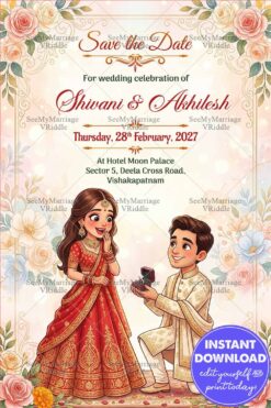 Cute Save the Date Wedding Invitation Card with Romantic Ring Proposal Scene Design, Floral Rose Border Frame and Traditional Lehenga Sherwani Attire