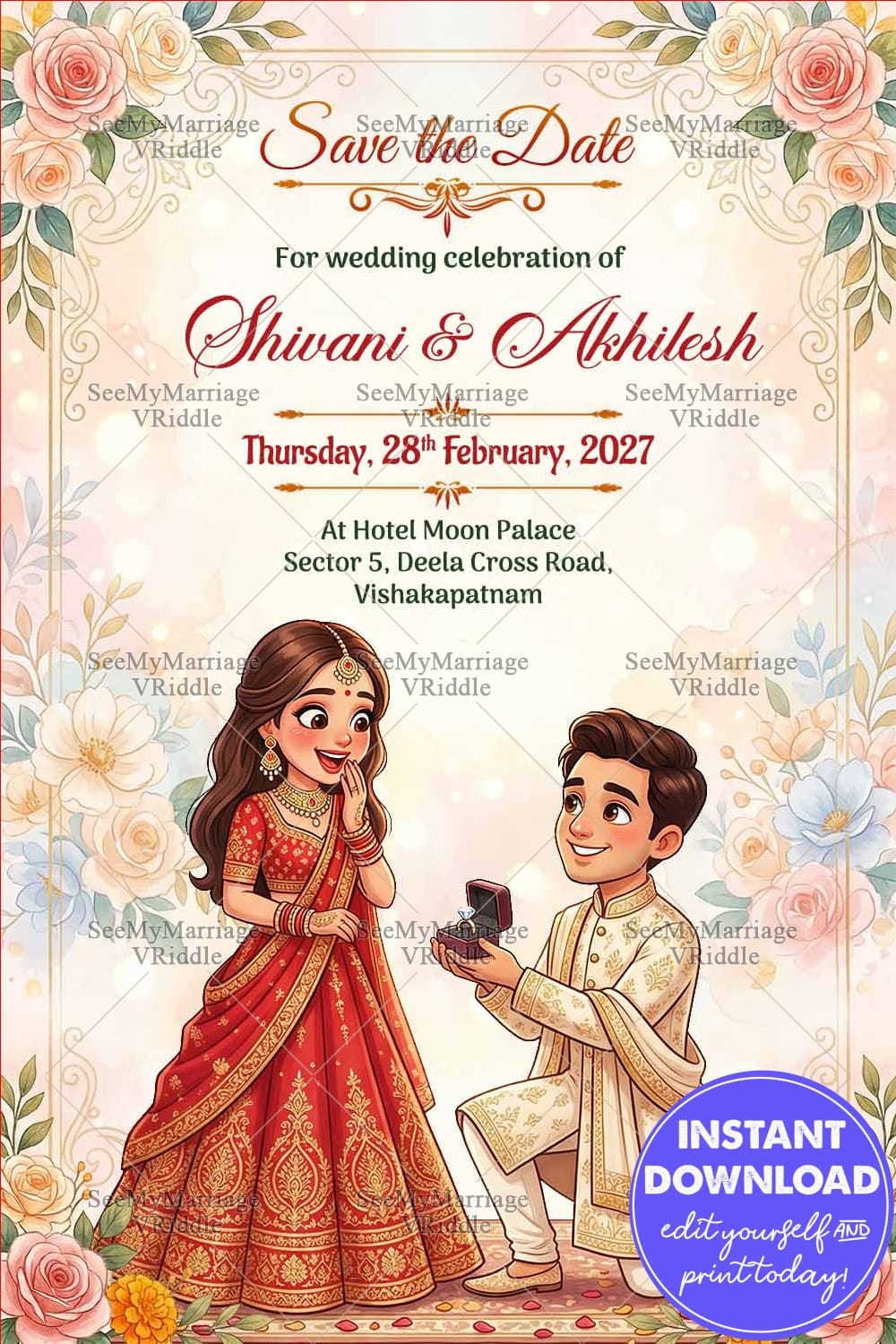 Cute Save the Date Wedding Invitation Card with Romantic Ring Proposal Scene Design, Floral Rose Border Frame and Traditional Lehenga Sherwani Attire