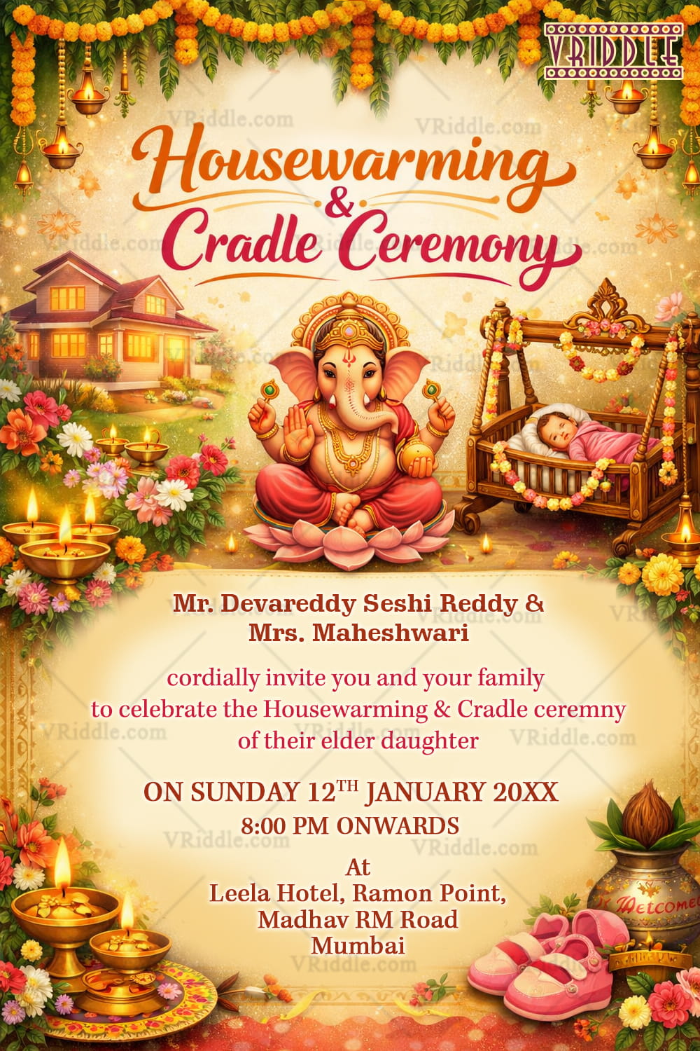 Divine Blessings Housewarming and Cradle Ceremony Invitation with Floral Garlands, Sacred Golden Lamps, and Baby Cradle Charm