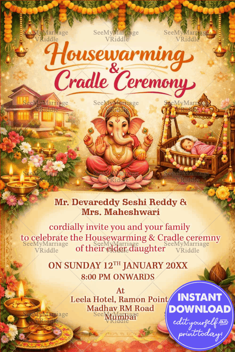 Divine Blessings Housewarming and Cradle Ceremony Invitation with Floral Garlands, Sacred Golden Lamps, and Baby Cradle Charm