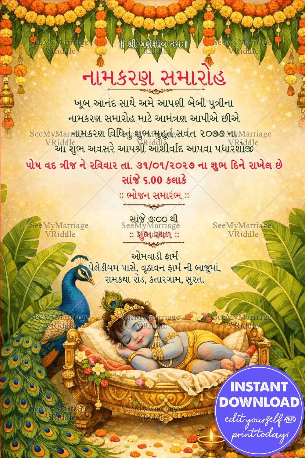 Divine Krishna Gujarati Namkaran Invitation Featuring Peacock, Marigold Bloom & Leaf Borders